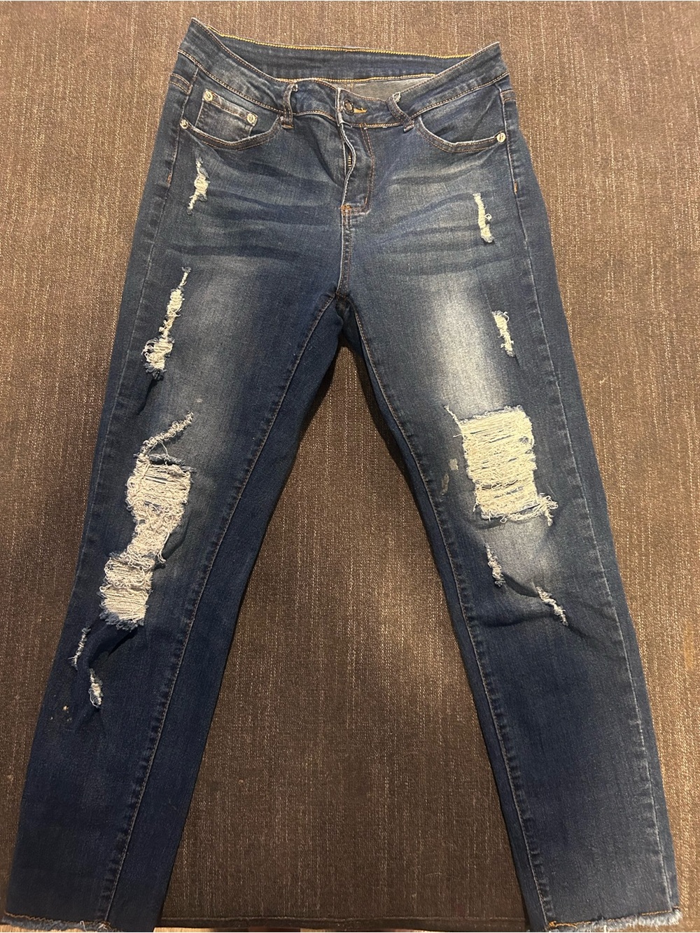 Distressed Dark Wash Raw Hem Skinny Jeans Size US 10